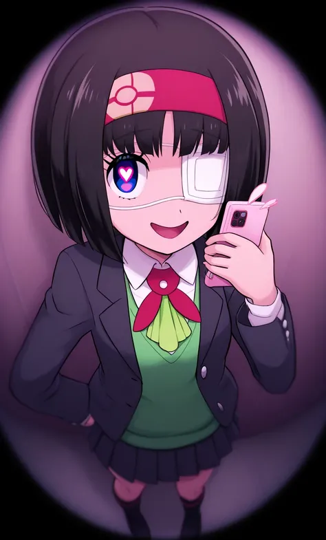 Erika_(pokemon), 1girl, solo, bob_cut, short_hair, black_hair, blunt_bangs, blunt_ends, hairband, red_hairband, heart-shaped_pupils, symbol-shaped_pupils, holding, holding_phone, smartphone, phone, eyelashes, black_jacket, jacket, long_hair, long_sleeves, ...