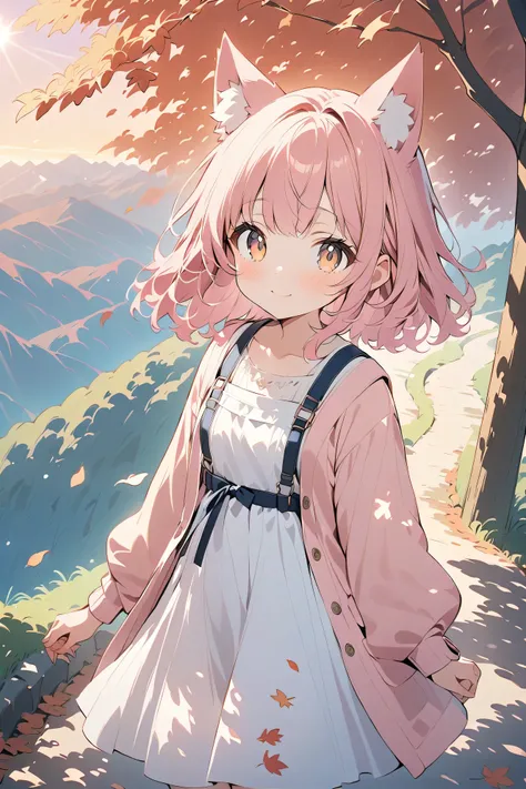 top quality、masterpiece、picture book style illustration、On a mountain road at dusk、fox earと大きな尻尾を持つ小さな少女が恥ずかしそうに告白しているシーン、fluffy chestnut hair、Golden Eyes、fox ear、a light red Japanese coat on a white dress、with a smile holding back tears、standing in the su...