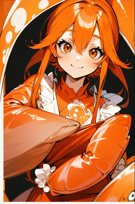 shrimp monster women、Orange Clothes、orange hair、long hair、Red round eyes、Smile Yan、upper body closeup、Apron、bright kitchen background、shrimp all around、Lots of shrimp
