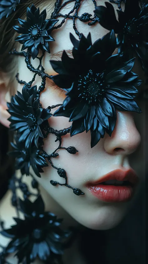 masterpiece, best quality, ultra-detailed, Junji Ito manga style, high contrast, screen tones, contrast in organic and inorganic.
close-up portrait of a woman's face, her expression disturbingly vacant.
intricate patterns of jet-black mold, resembling obsi...