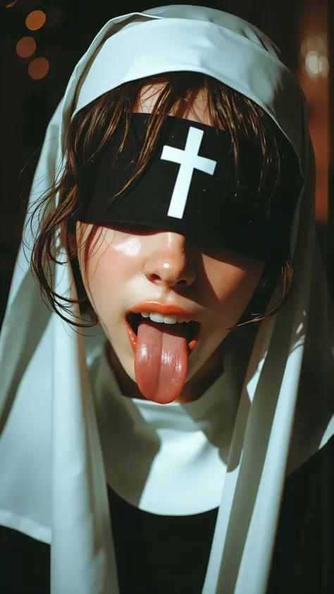 masterpiece, best quality, ultra-detailed, painterly style, realistic, close-up, 1girl, nun, habit, blindfold, white cross on blindfold, eyes covered, wide smile, sticking tongue out, perfect teeth, dramatic lighting, chiaroscuro, top-down lighting, deep s...