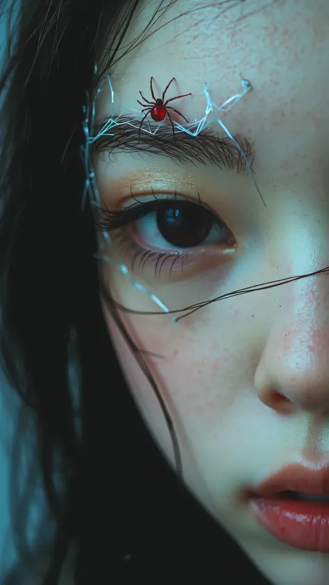 masterpiece, best quality, ultra-detailed, Junji Ito manga style, high contrast, screen tones, subtle color horror.
extreme close-up on a woman's forehead and eyes.
her expression is calm, almost catatonic.
her eyebrow is not made of hair, but of fine, int...