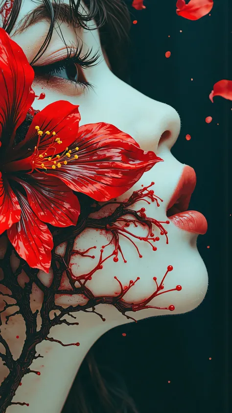 masterpiece, best quality, ultra-detailed, Junji Ito manga style, high contrast, screen tones, vibrant floral horror.
close-up on a woman's cheek.
her expression is one of pained ecstasy.
a beautiful, exotic, blood-red flower with golden stamens is bloomin...