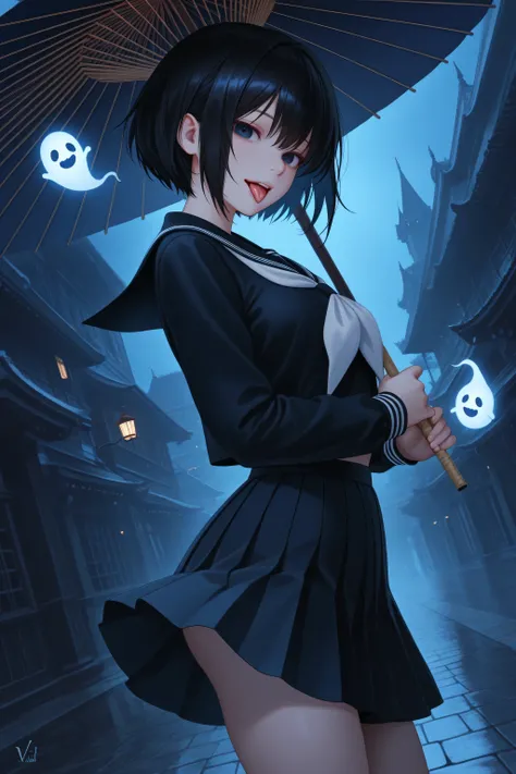 和umbrella, oil-paper umbrella,umbrella(style: Big Eye, big tongues, Lick Your Lips),,ghost in sailor suit、Night atmosphere、happy expression sticking out one's tongue、Closed school background、BIG SCHOOLYARD 、undulating trees 々、 Under Moonlight 、unrealistic ...