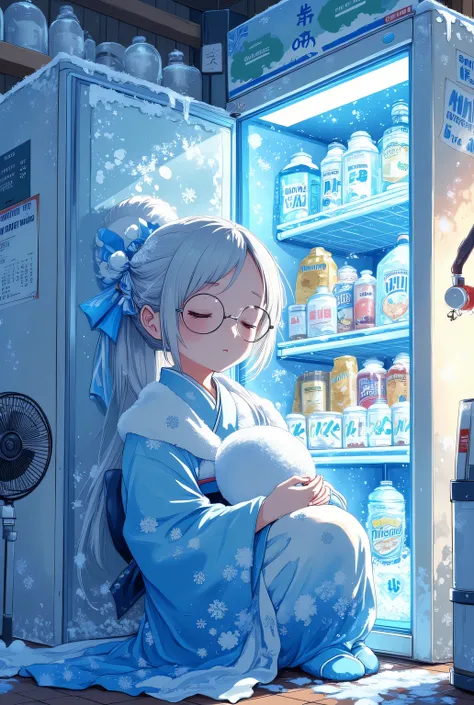 anime-style, full body, 1girl, snow maiden with icy white hair and translucent blue kimono, curled up deep inside a glowing commercial freezer with the door half-closed, frost and cold mist pouring out from inside, peaceful sleeping expression, round glass...