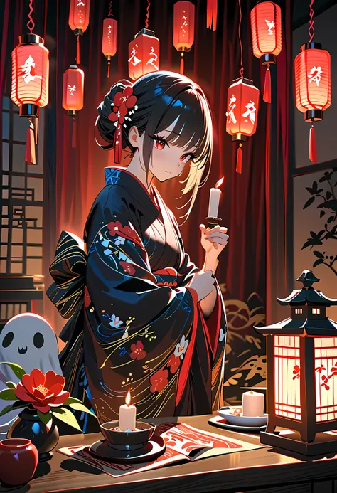 Ghost Story Girl princess cut with long black hair kimono with red flower pattern on black fabric Dark Atmosphere inner color blue Japanese taste Japanese candle Lantern beautiful The Black Figure