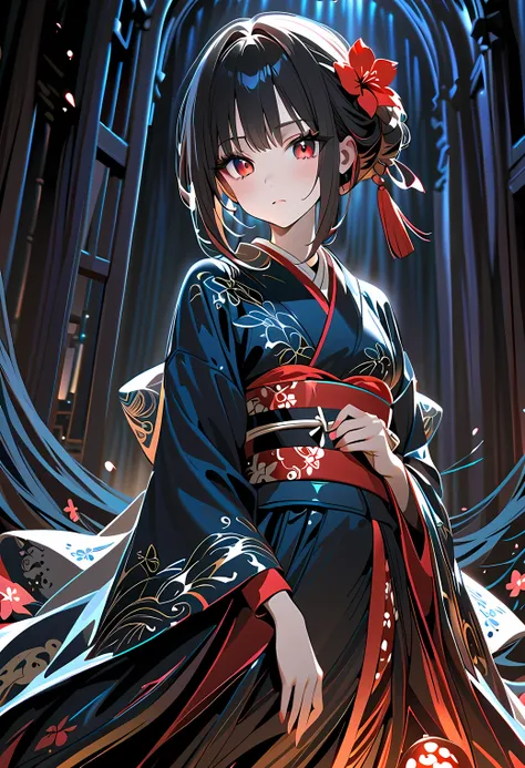 Ghost Story Girl　princess cut with long black hair　Kimono with red flower pattern on black fabric　Dark Atmosphere　inner color blue