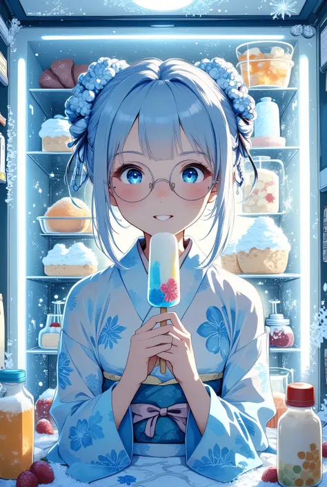 anime-style, mid-shot, 1female, snow maiden with pale blue hair and translucent icy kimono, sitting inside an open glowing freezer filled with frost and cold mist, happily eating a colorful popsicle, cheeks slightly puffed with cold delight, round glasses ...