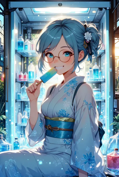 anime-style, mid-shot, 1girl, snow maiden with pale blue hair and translucent icy kimono, sitting inside an open glowing freezer filled with frost and cold mist, happily eating a colorful popsicle, cheeks slightly puffed with cold delight, round glasses sl...