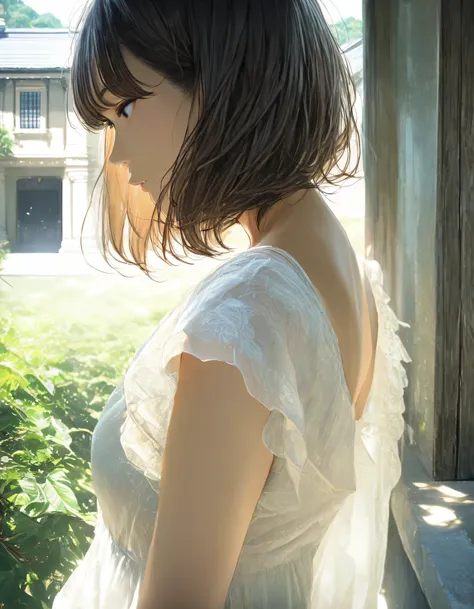 1girl, Kindaichi Kosuke Files, year 2019, upper body, mystery, summer, mansion, blouse, masterpiece, high score, great score, absurdres, 16k, Ultra detailed, (photorealistic : 0.5)