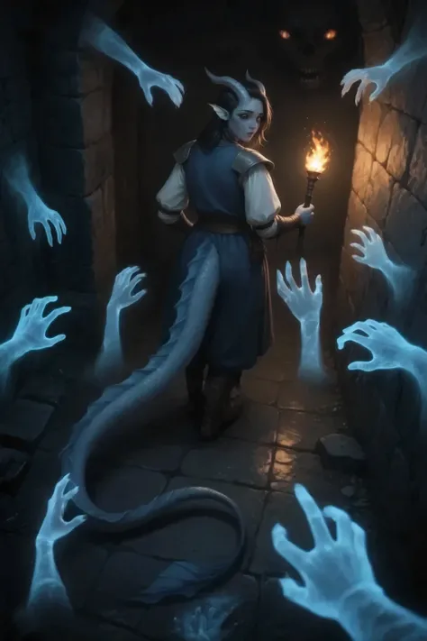 extreme view from above, close-up face.
A Kedra girl with dark blue-gray skin and a long, thick dragon-like tail and fins on her head walks through a dark, wet stone crypt. She walks slowly looking back in fear, holds a torch in his hand. one black eye, co...