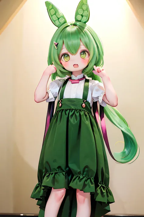 cute green-haired zundamon in playful pose, Exquisite Character Design , Delicate Details , surreal , PHOTOREALISTIC , 8k, masterpiece , is high resolution, bright color...