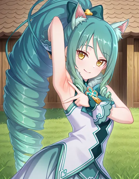 pcrshio, animal ears, animal ear fluff, gradient hair, yellow eyes, pshiomag, green hair, aqua hair, very long hair, ponytail, drill hair, magical girl, hair bow, fur collar, sleeveless dress, bowtie, club \(shape\), jewelry, white shirt, anime screencap, ...