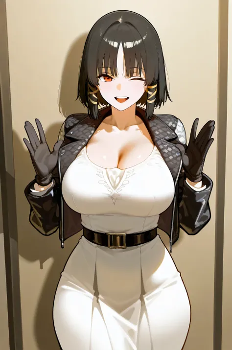 masterpiece,The best quality,1 girl, burn_white,   breasts , one_Look like_closed, gloves, alone , medias altas,  neckline , Falda,  jacket,  sin TheDos_gloves, granThe_  breasts , negro_gloves, negro_Falda, negro_ jacket,   smile, Look likewear_en_head, t...