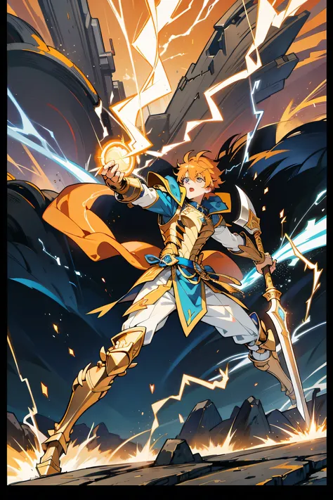 Male,19 years,gold armor,BLUE LIGHTNING,Holding a Lightning Axe,orange sky background,Full body,Lightning power,Sharp faces