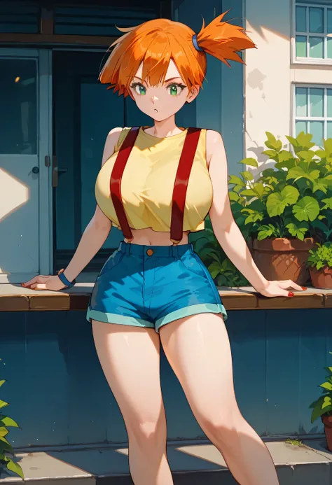 1girl, Mit, green eyes, orange hair, bangs, side ponytail, hair tie, short hair, yellow shirt, sleeveless, midriff, red suspenders, blue shorts, red sneakers, gigantic breast