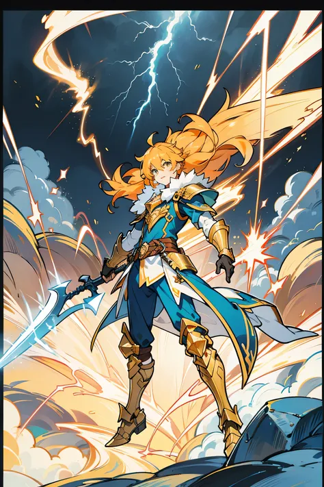 Male,19 years,gold armor,BLUE LIGHTNING,Holding a Lightning Axe,orange sky background,Full body,Lightning power