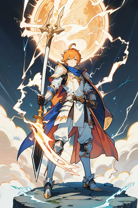 Male,19 years,gold armor,BLUE LIGHTNING,Holding a Lightning Axe,orange sky background,Full body,Lightning power,Sharp faces