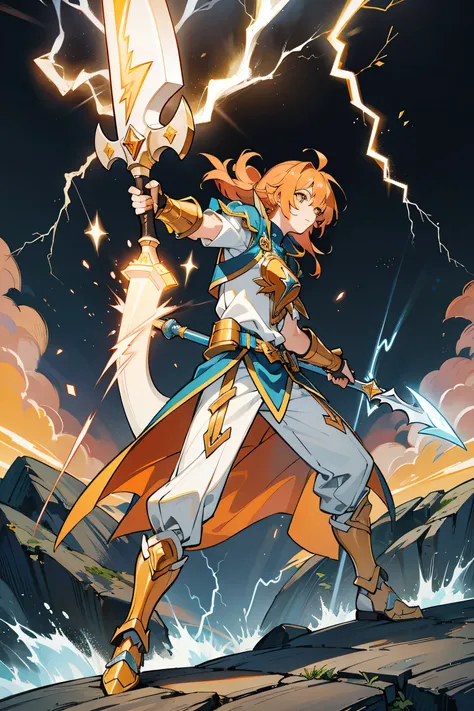 Male,19 years,gold armor,BLUE LIGHTNING,Holding a Lightning Axe,orange sky background,Full body,Lightning power,Sharp faces