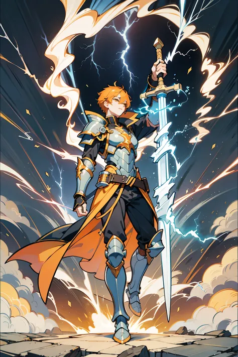Male,19 years,gold armor,BLUE LIGHTNING,Holding a Lightning Axe,orange sky background,Full body,Lightning power