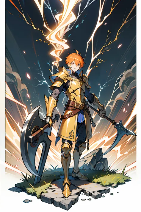 Male,19 years,gold armor,BLUE LIGHTNING,ถือaxe สายฟ้า,orange sky background,Full body,Lightning power,axe