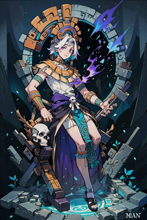 Male,Skull,Ancient Mayan dress,remains,Black light ,Black Hell Fire,Earth Earth Background,Full body,Purple Light