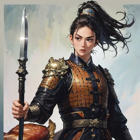 top quality、masterpiece、4K、 Oil Painting Portrait 、an ancient Chinese general with a spear、30 year old wild man:1.2、  accurately drawn eye  、(]black eyes、dark haired、Square Outline、Glutinous meat、ancient chinese armor、Long-lasting, thick, detailed spear on...