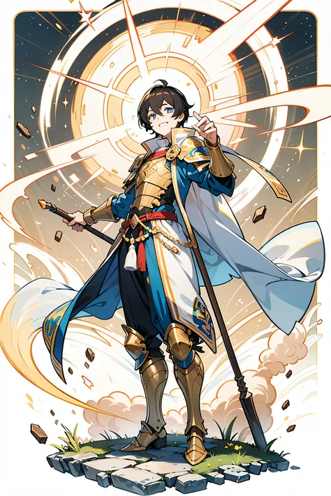 Male,, short black hair,Blue Eyes,Long White Hole Cloth,Holds a stick,Gold Smoke,Full body,grins,Gold Armor,Golden Light