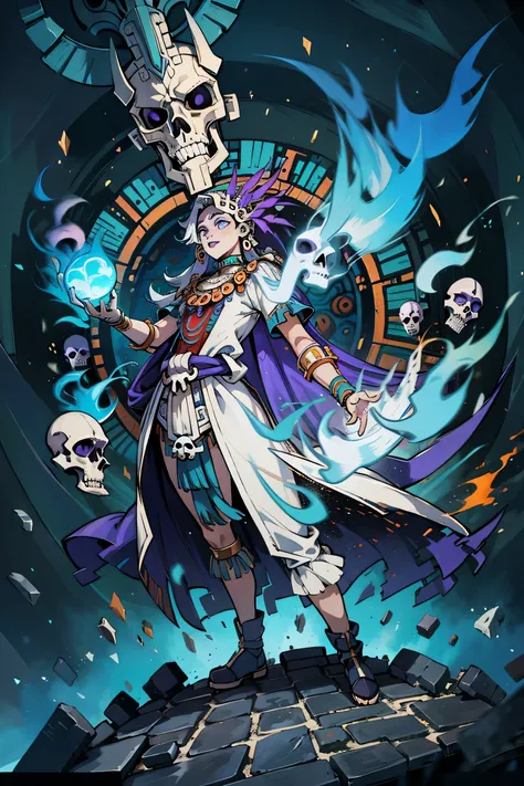 Male,Skull,Ancient Mayan dress,remains,Black light ,Black Hell Fire,Earth Earth Background,Full body,Purple Light,Fire burning