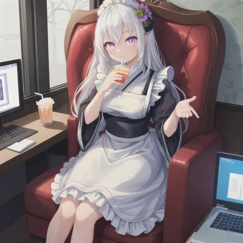 A beautiful girl wearing a neat dark blue and white maid outfit. She is sitting on a fully reclined seat in a typical Japanese manga café semi-private booth. Around her are a computer monitor, a stack of manga books, and a drink cup nearby. She holds both ...