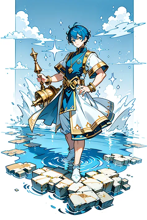 Male, Blue Short Hair ,Gold Jewelry,Control of water ,Water surrounds,Water background ,Full body, blue sky background