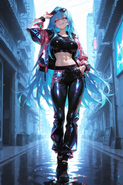 high resolution , high resolution ,  masterpiece , anime coloring  , glossy skin , pants, shirt , multicolored outfit , jacket , open jacket , sunglasses , blue hair  , iridescent eyes  ,  flowing long hair . beautiful long hair ,  naughty face petite body...