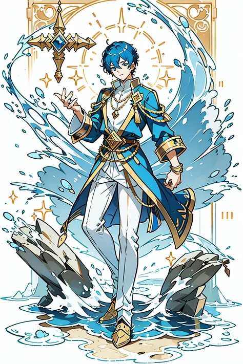 Male, Blue Short Hair ,Gold Jewelry,Control of water ,Water surrounds,sky background,Full body