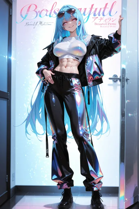 high resolution , high resolution ,  masterpiece , anime coloring  , glossy skin , pants, shirt , multicolored outfit , jacket , open jacket , sunglasses , blue hair  , iridescent eyes  ,  flowing long hair . beautiful long hair ,  naughty face petite body...