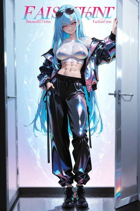 high resolution , high resolution ,  masterpiece , anime coloring  , glossy skin , pants, shirt , multicolored outfit , jacket , open jacket , sunglasses , blue hair  , iridescent eyes  ,  flowing long hair . beautiful long hair ,  naughty face petite body...
