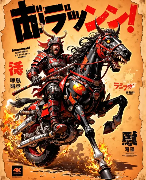 A vibrant and dynamic illustration features a fantastical blend of historical and modern elements. the person in the center is ferocious and, highly stylized samurai, exaggerated in expression with bulging eyes and bared teeth, showing intense action and c...