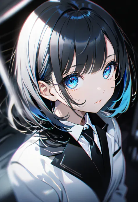 Dream Core、cute、In a dream、wonder、Creepy、Dark Atmosphere, Light skinned girl with short black hair and right side bangs dyed white , blue eyes , black school girl suit and tie with black skirt and white jacket with blue arm band , yoneyama art style, chro...