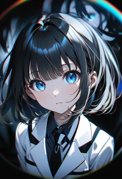 Dream Core、cute、In a dream、wonder、Creepy、Dark Atmosphere, Light skinned girl with short black hair and right side bangs dyed white , blue eyes , black school girl suit and tie with black skirt and white jacket with blue arm band , yoneyama art style, chro...