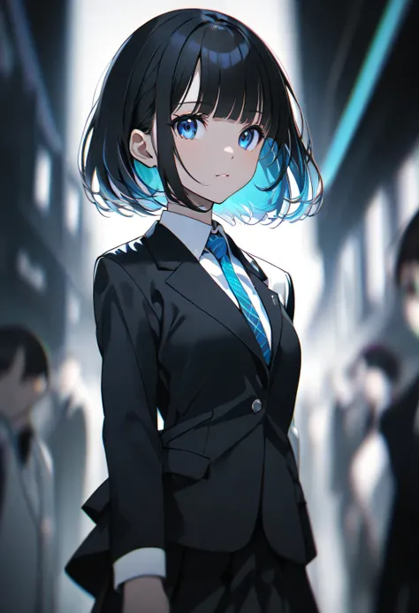 Dream Core、cute、In a dream、wonder、Creepy、Dark Atmosphere, Light skinned girl with short black hair and right side bangs dyed white , blue eyes , black school girl suit and tie with black skirt and white jacket with blue arm band , yoneyama art style, chro...