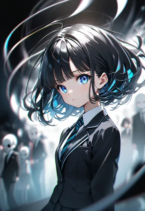 Dream Core、cute、In a dream、wonder、Creepy、Dark Atmosphere, Light skinned girl with short black hair and right side bangs dyed white , blue eyes , black school girl suit and tie with black skirt and white jacket with blue arm band , yoneyama art style, chro...