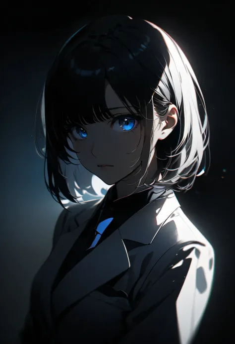 Masterpiece, Dream Core、cute、In a dream、wonder、Creepy、Dark Atmosphere, Light skinned girl with short black hair and right side bangs dyed white , blue eyes , black school girl suit and tie with black skirt and white jacket with blue arm band , yoneyama art...