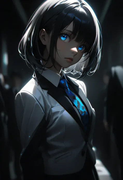 (masterpiece, photorealistic quality, high quality), Dream Core、cute、In a dream、wonder、Creepy、Dark Atmosphere, Light skinned girl with short black hair and right side bangs dyed white , blue eyes , black school girl suit and tie with black skirt and white ...