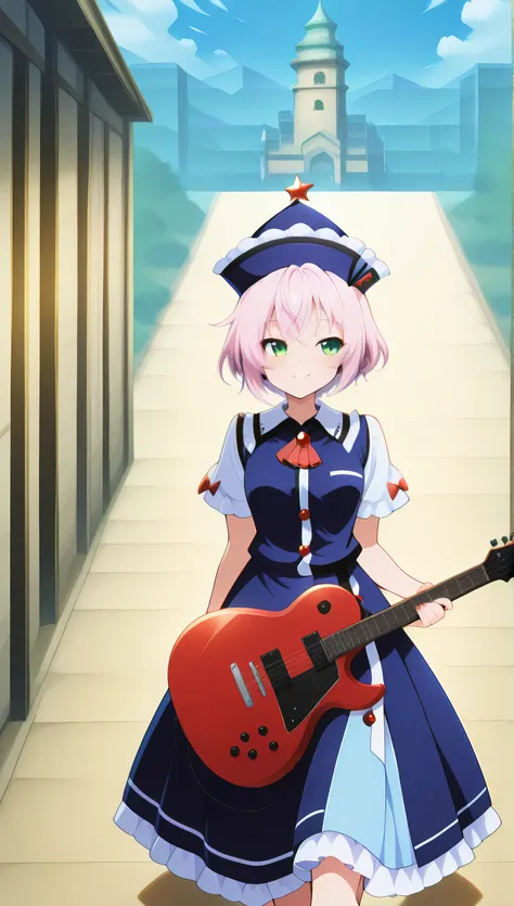 Lyrica Lunasa and merlin,score_9, score_8_up, score_7_up,anime_source, source_anime, best background, detailed background, anime screencap,lyrica, merlin, pink hair,green eyes,tiny green tower hat, blue marine dress, dress, spectal guitar, looking at viewe...