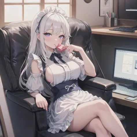 A beautiful girl wearing a neat dark blue and white maid outfit. She is sitting on a fully reclined seat in a typical Japanese manga café semi-private booth. Around her are a computer monitor, a stack of manga books, and a drink cup nearby. She holds both ...