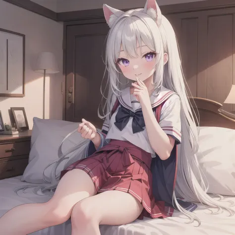 A cute girl wearing a Japanese schoolgirl sailor uniform. She is sitting on a bed in a cozy, plush-filled girl's bedroom. Her hands are lightly clasped in front of her mouth, as if holding something invisible. Her expression is dreamy and happy, with sligh...