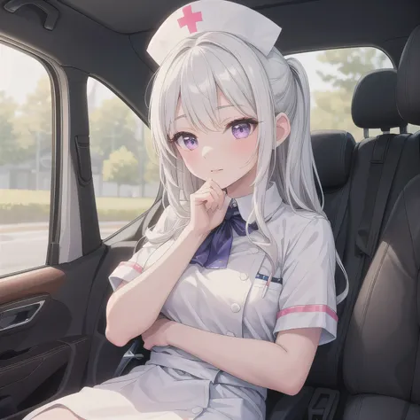 A beautiful girl sitting in the passenger seat of a compact car. She's wearing a light blue nurse uniform with a matching nurse cap, styled in a soft, elegant way. She leans slightly toward the driver's seat, her upper body tilted forward naturally. Her ha...