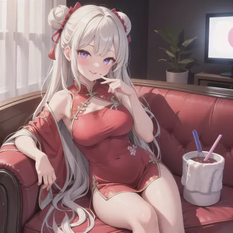 A cute girl, hair styled in two side buns, wearing a vivid red traditional Chinese dress with modest design details. She is sitting in a Japanese karaoke box, surrounded by a typical sofa, table, drink cup, and a moist hand towel. The background shows cozy...