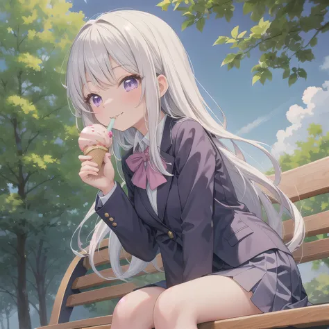 A cute anime-style high school girl wearing a neat Japanese blazer school uniform. She is sitting on a wooden park bench under the clear daytime sky. The girl is holding a rectangular ice cream bar with both hands, firmly yet delicately, and biting it gent...