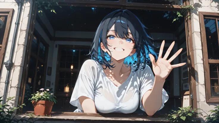 masterpiece, one girl, black medium hair, short cut, blue inner hair, asian, blue eyes, wearing jean, white T shirt, opening the window, smiling, waving towards outside, spring wind