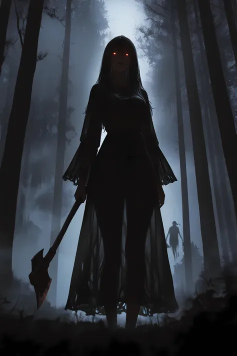 masterpiece, best quality, very aesthetic, ultra-detailed, absurdres, 1girl, silhouette, holding a axe, standing alone, long hair, tattered dress, backlight, eerie mist, creepy atmosphere, horror theme, dark forest, glowing eyes, night, cinematic lighting,...